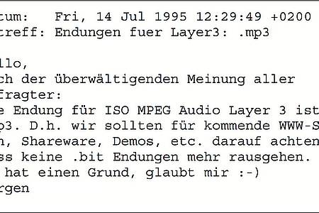 -/Fraunhofer IIS/dpa | Mit dieser E-Mail wurde 1995 der Name der Dateiendung .mp3 besiegelt.