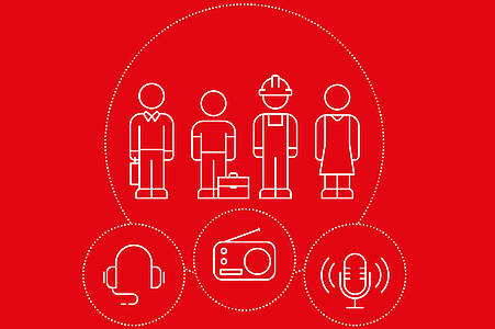 Grafik mit roten Hintergrund mit Symbolen für Audio, Radio und Podcast