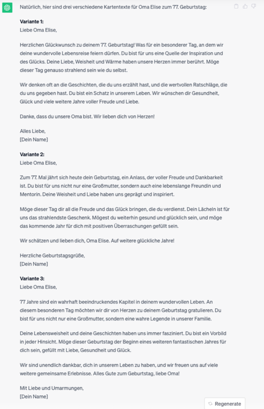 Textvorschlag von ChatGPT für eine Geburtstagskarte