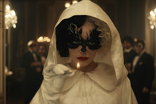 Cruella ist mit Gesichtsbemalung und Kapuze auf einer Feierlichkeit