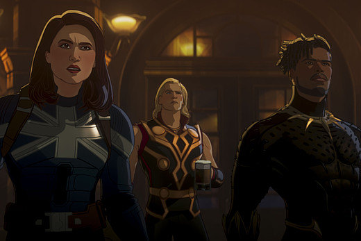 Captain Carter, Killmonger und Thor stehen gemeinsam