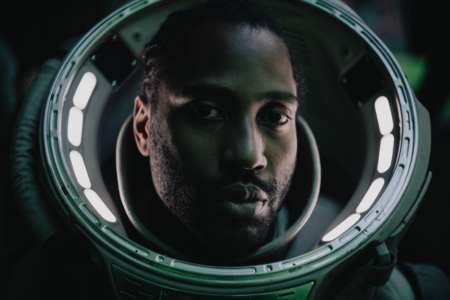Der Hauptprotagonist von The Creator auf Netflix steht im Raum-Anzug vor verschwommenen Lichtern.